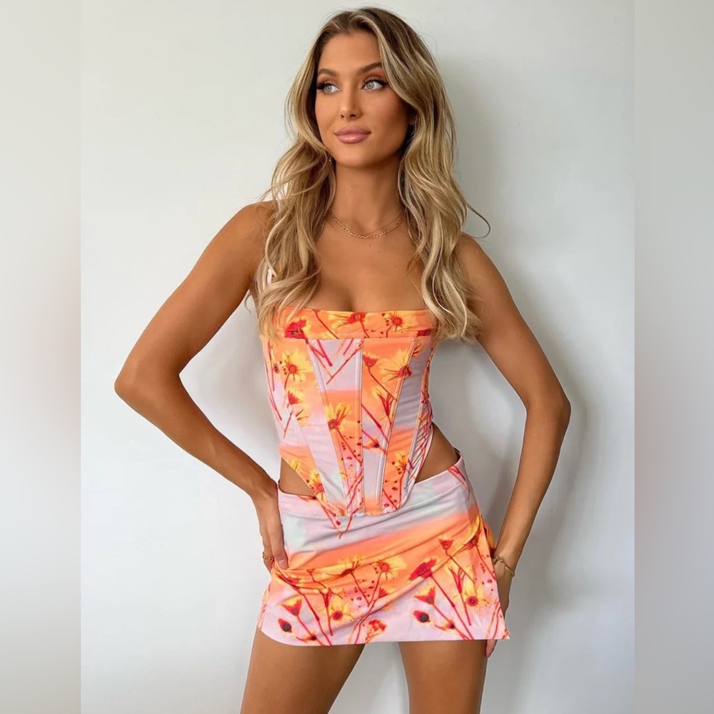Miaou Venus Corset and Micro Mini Skirt Set in Sunrise
